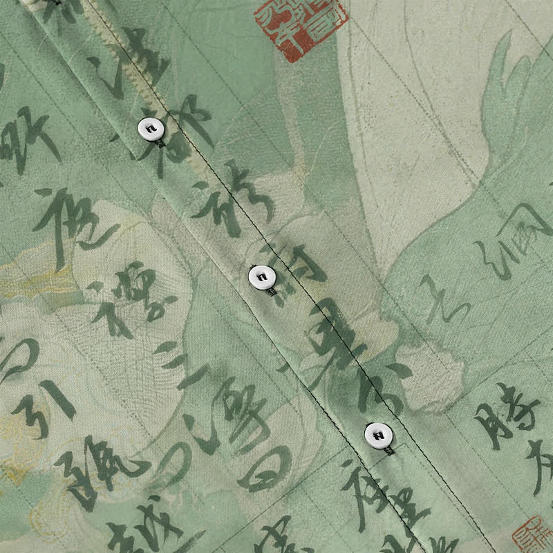 Buddha Stones 中国書道風景模様ボタン付き通気性メンズ半袖シャツ - image 3