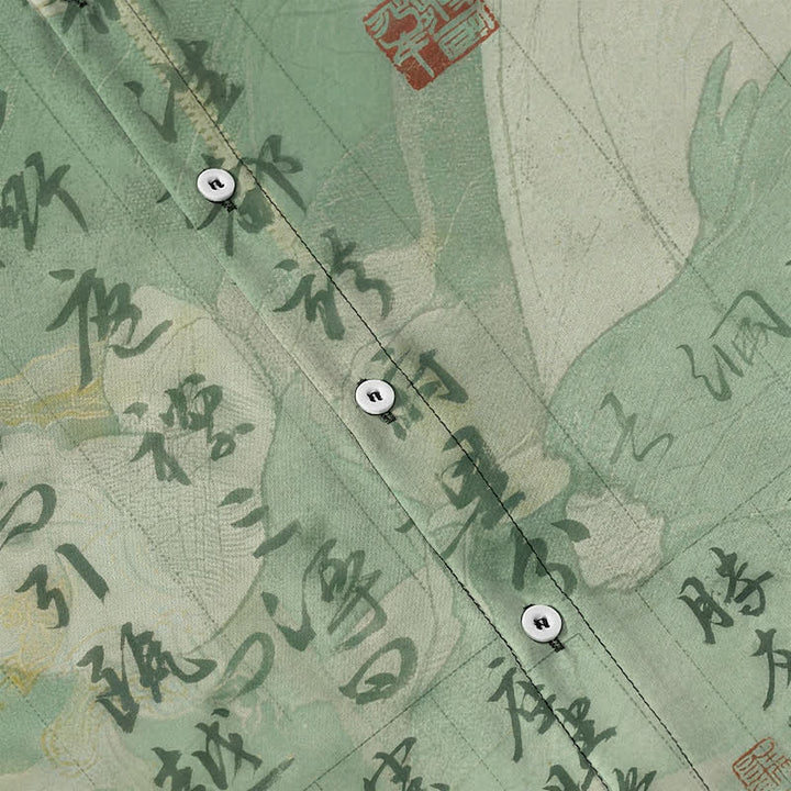 Buddha Stones 中国書道風景模様ボタン付き通気性メンズ半袖シャツ - image 3