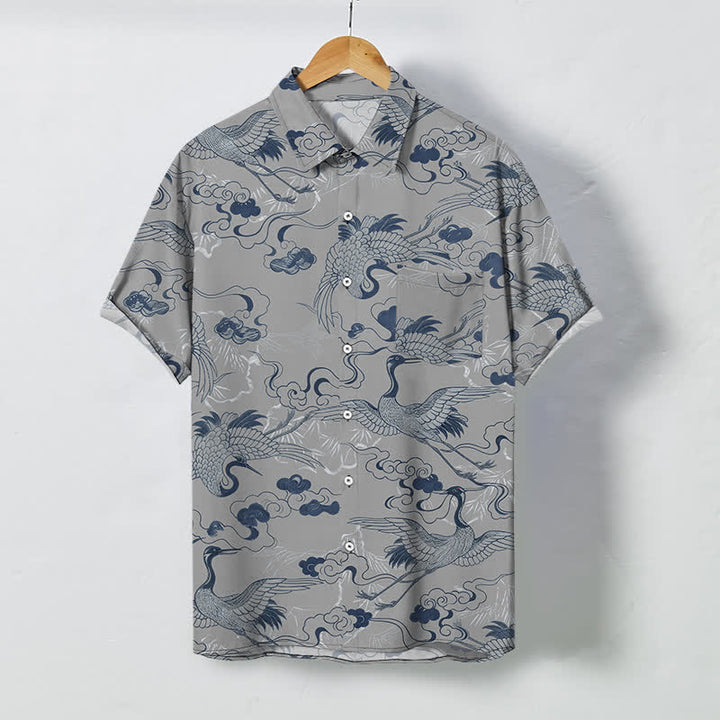 Buddha Stones 鶴雲波スケッチ柄ボタン付き通気性メンズ半袖シャツ - ライトグレー - US/UK/AU48、 EU58 (4XL) - image 7