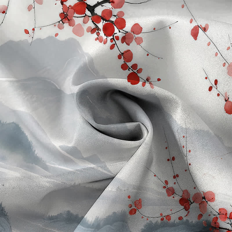Buddha Stones 水墨風景 赤花山柄 ボタン付き 通気性 メンズ半袖シャツ - image 4