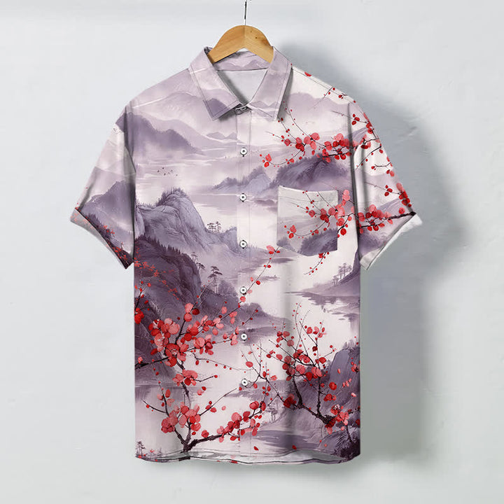Buddha Stones 水墨風景 赤花山柄 ボタン付き 通気性 メンズ半袖シャツ - 梅 - US/UK/AU48、 EU58 (4XL) - image 5