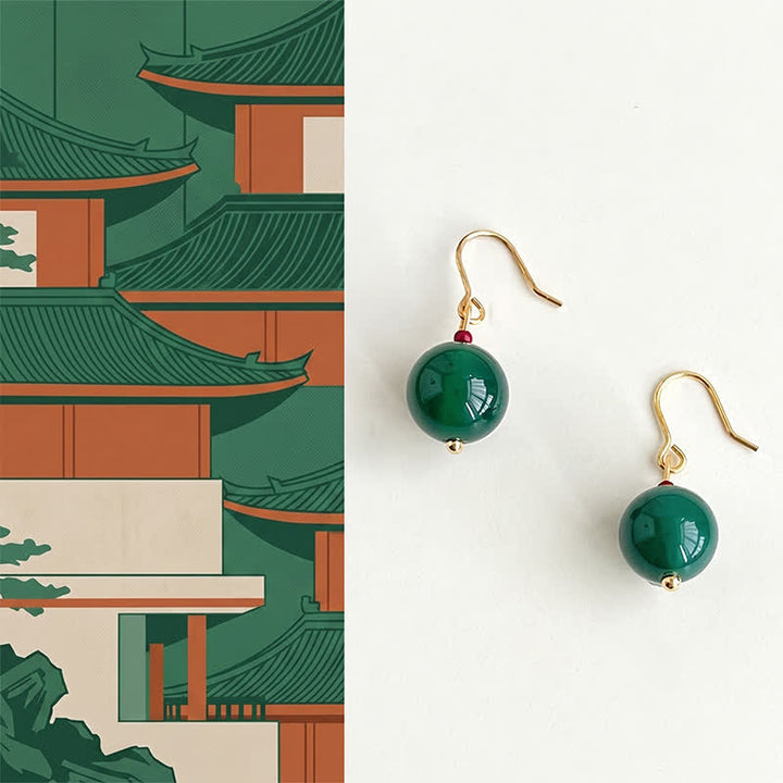 Buddha Stones グリーンアゲートのラウンドサポートドロップピアス - グリーンアゲート（銅メッキ、925スターリングシルバー製ポスト） - image 0