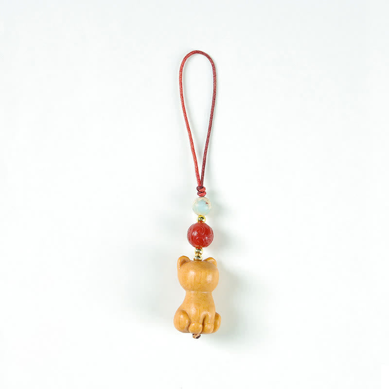 Buddha Stones 手彫りの白檀製猫魚浄化キーホルダー - 猫 - image 1