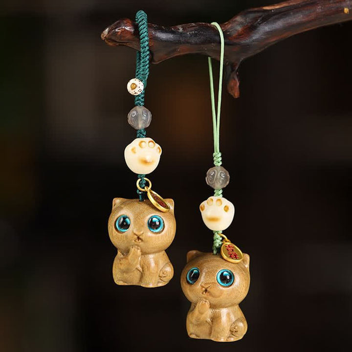 Buddha Stones 緑白檀の猫の手織り癒しキーホルダー - image 0