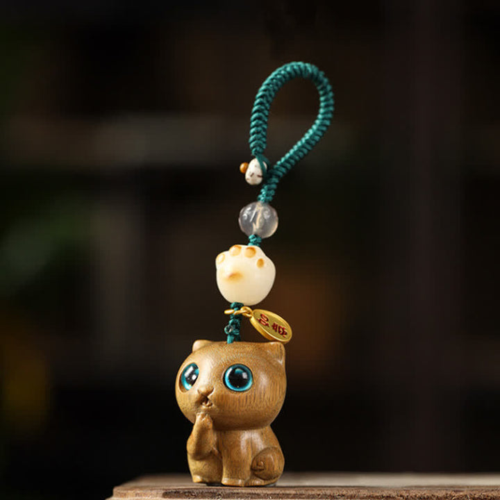 Buddha Stones 緑白檀の猫の手織り癒しキーホルダー - image 2