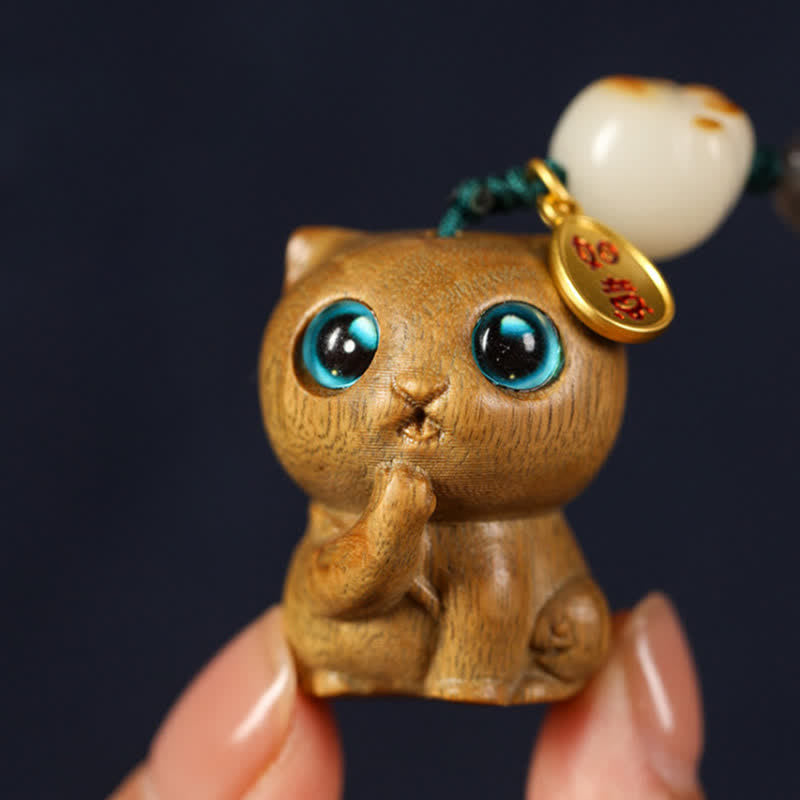 Buddha Stones 緑白檀の猫の手織り癒しキーホルダー - image 4