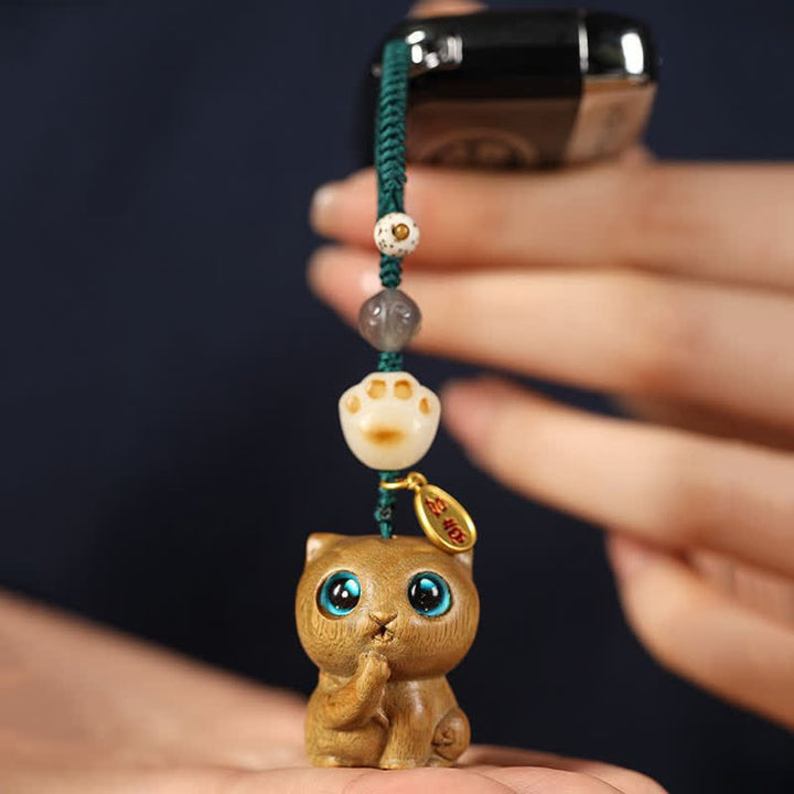 Buddha Stones 緑白檀の猫の手織り癒しキーホルダー - image 3