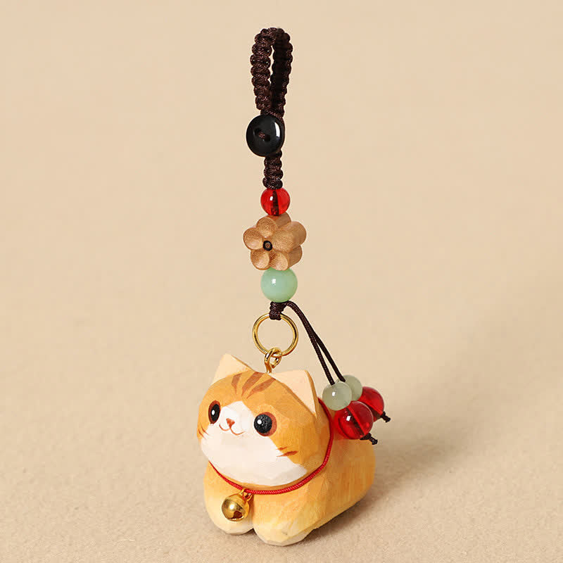Buddha Stones 天然木手彫り寝そべり猫オーム・マニ・パドメ・フム平和キーホルダー - オレンジキャットプラムブロッサム - image 0