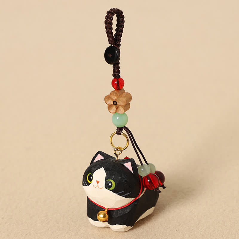 Buddha Stones 天然木手彫り寝そべり猫オーム・マニ・パドメ・フム平和キーホルダー - 黒猫梅の花 - image 3