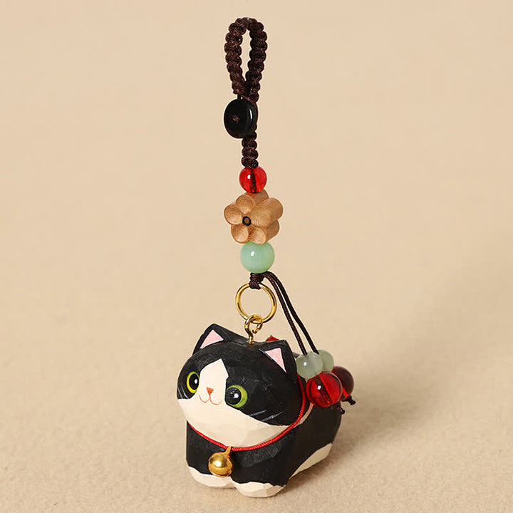 Buddha Stones 天然木手彫り寝そべり猫オーム・マニ・パドメ・フム平和キーホルダー - 黒猫梅の花 - image 3