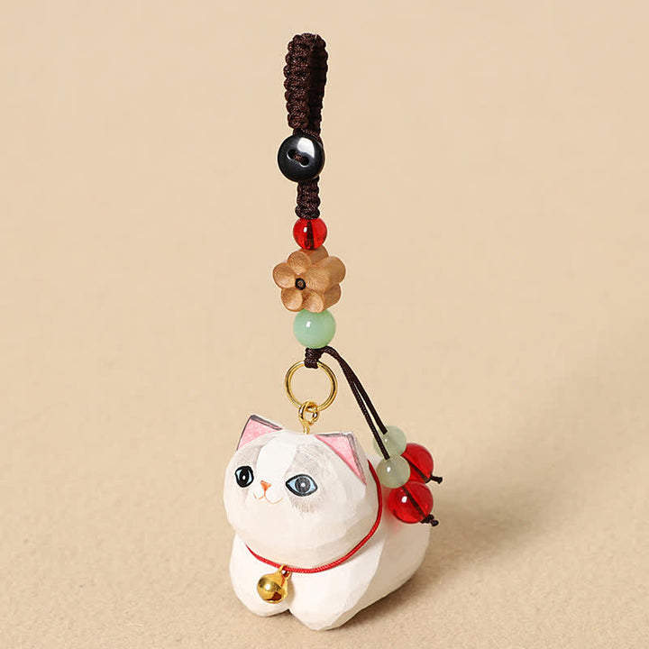 Buddha Stones 天然木手彫り寝そべり猫オーム・マニ・パドメ・フム平和キーホルダー - 白猫梅の花 - image 8