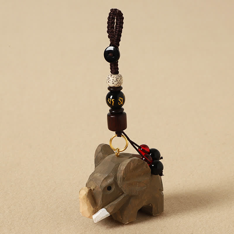 Buddha Stones 天然木製象の平和オム・オーム・マニ・パドメ・フム純粋さキーホルダー - 象オーム・マニ・パドメ・フム - image 0