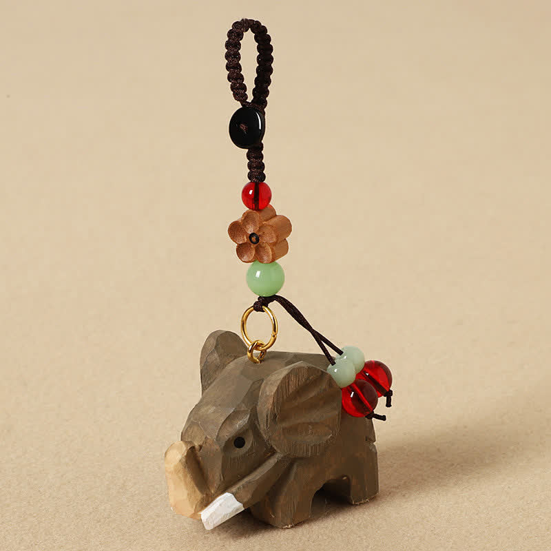 Buddha Stones 天然木製象の平和オム・オーム・マニ・パドメ・フム純粋さキーホルダー - 象梅の花 - image 1