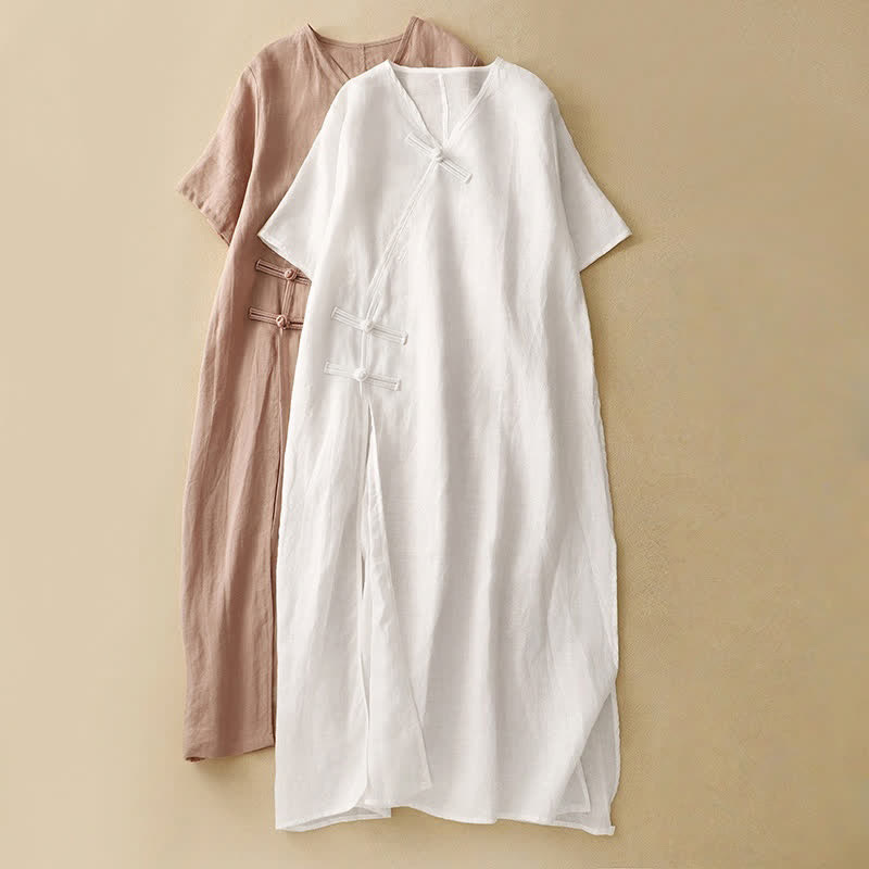 Buddha Stonesサマー Vネック フロッグボタン 半袖 コットンリネン レディース ミディドレス - image 16