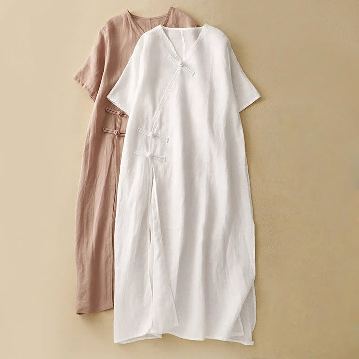 Buddha Stonesサマー Vネック フロッグボタン 半袖 コットンリネン レディース ミディドレス - image 16