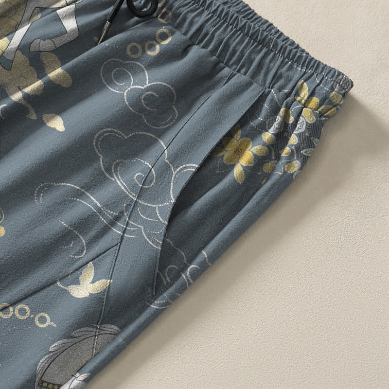 Buddha Stones 純綿製、白馬雲花柄、ドローストリング付きメンズテーパードパンツ（ポケット付き） - image 4