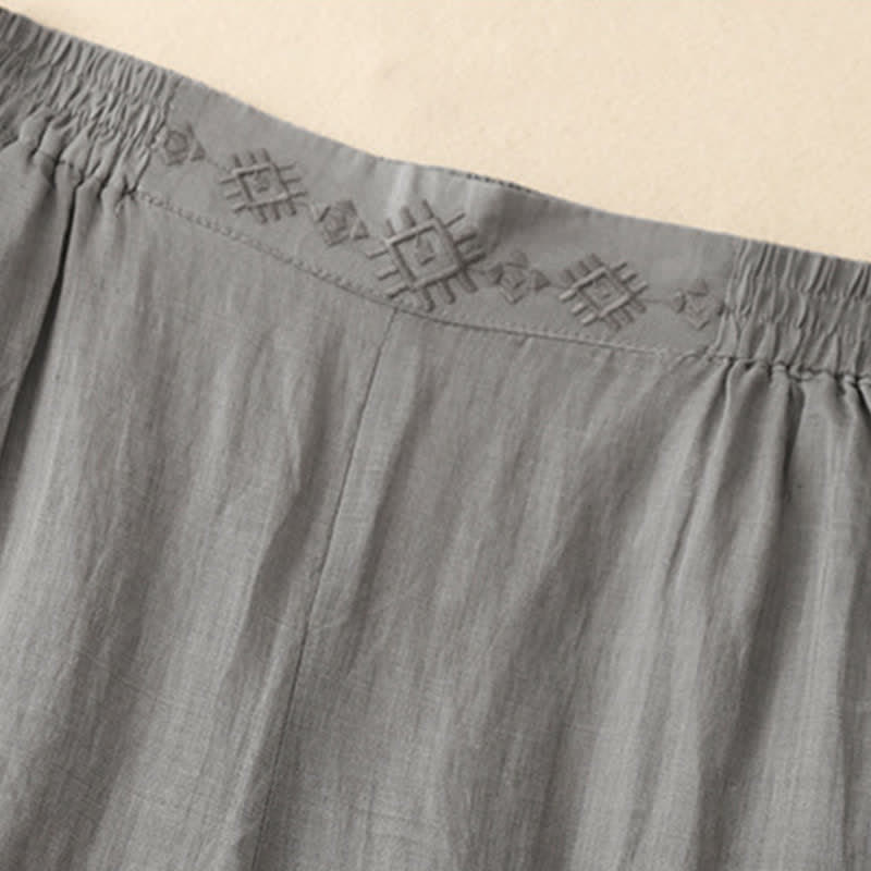 Buddha Stonesの幾何学模様刺繍入り伸縮性ウエストレディースコットンリネンワイドレッグパンツ（ポケット付き） - image 9