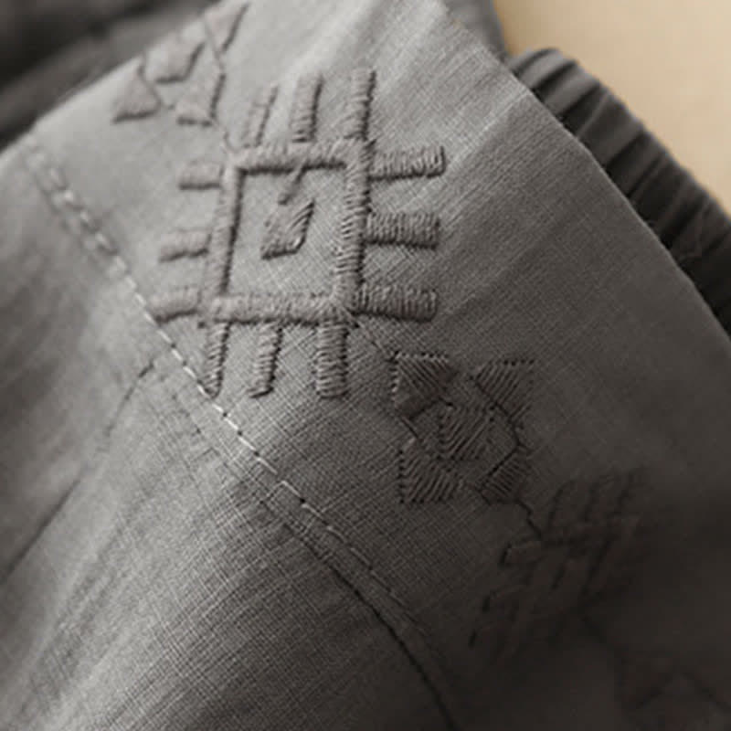 Buddha Stonesの幾何学模様刺繍入り伸縮性ウエストレディースコットンリネンワイドレッグパンツ（ポケット付き） - image 10