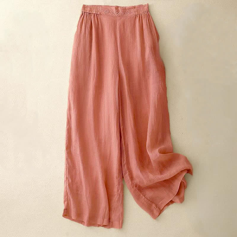 Buddha Stonesの幾何学模様刺繍入り伸縮性ウエストレディースコットンリネンワイドレッグパンツ（ポケット付き） - ライトサーモン - US12、 UK/AU16、 EU44 (2XL) - image 0