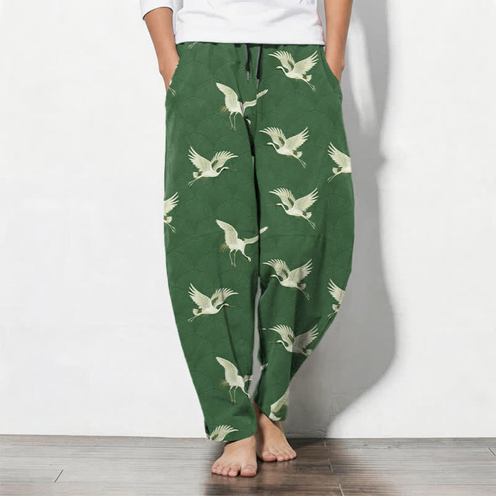 Buddha Stones 純綿素材、白鶴柄、ドローストリング付き、ポケット付きメンズテーパードパンツ - フォレストグリーン - US/UK/AU50、EU60（5XL） - image 11