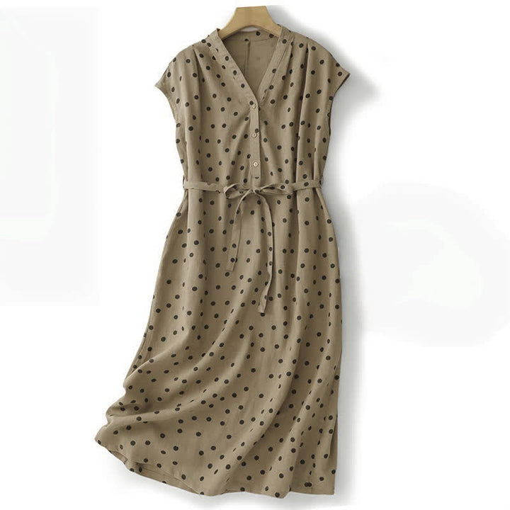 Buddha Stonesサマー ポルカドット Vネック レースアップ レディース 膝丈 ポケット付きワンピース - タン - US14、 UK/AU18、 EU46 (2XL) - image 0