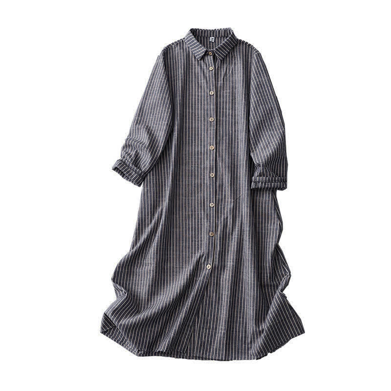 Buddha Stones LightSteelBlue ホワイトストライプ 長袖 ラペル コットンリネン ミディドレス ポケット付き - image 10