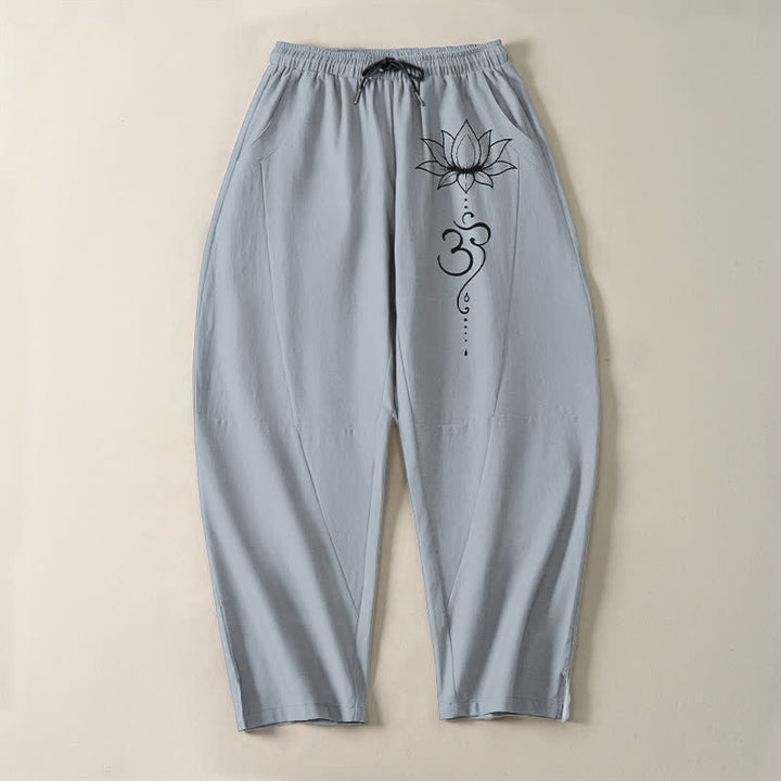 Buddha Stones 純綿ロータスオム柄ドローストリング付きメンズテーパードパンツ（ポケット付き） - image 13