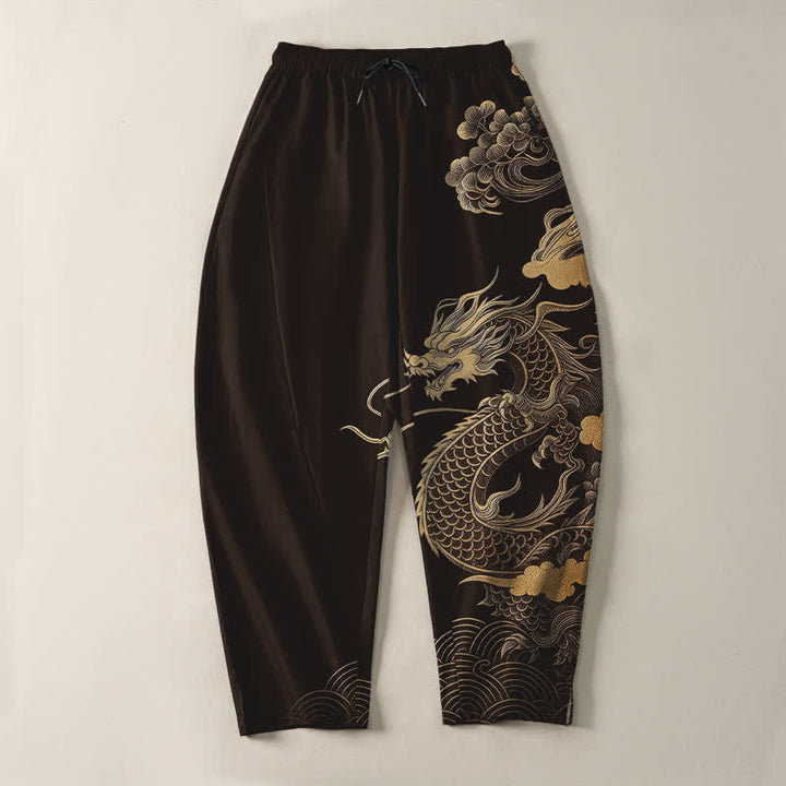 Buddha Stones 純綿素材、金龍雲柄、ドローストリング付きメンズテーパードパンツ（ポケット付き） - image 3