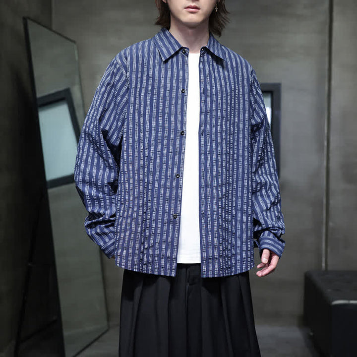 Buddha Stones 秋のカジュアルミニマリストストライプ柄長袖ボタンアップシャツ - 海軍 - US/UK/AU46、 EU56 (5XL) - image 0