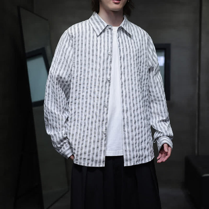 Buddha Stones 秋のカジュアルミニマリストストライプ柄長袖ボタンアップシャツ - ゲインズボロ - US/UK/AU46、 EU56 (5XL) - image 9