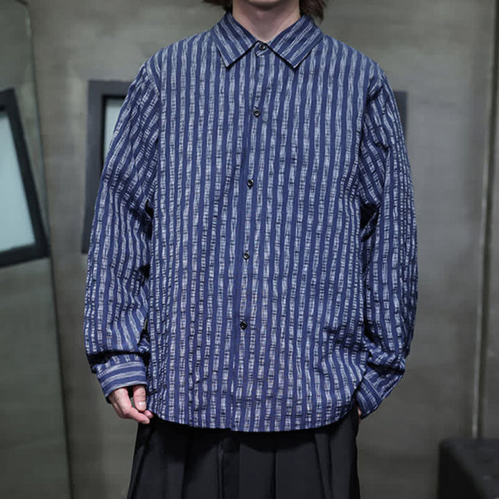 Buddha Stones 秋のカジュアルミニマリストストライプ柄長袖ボタンアップシャツ - image 5