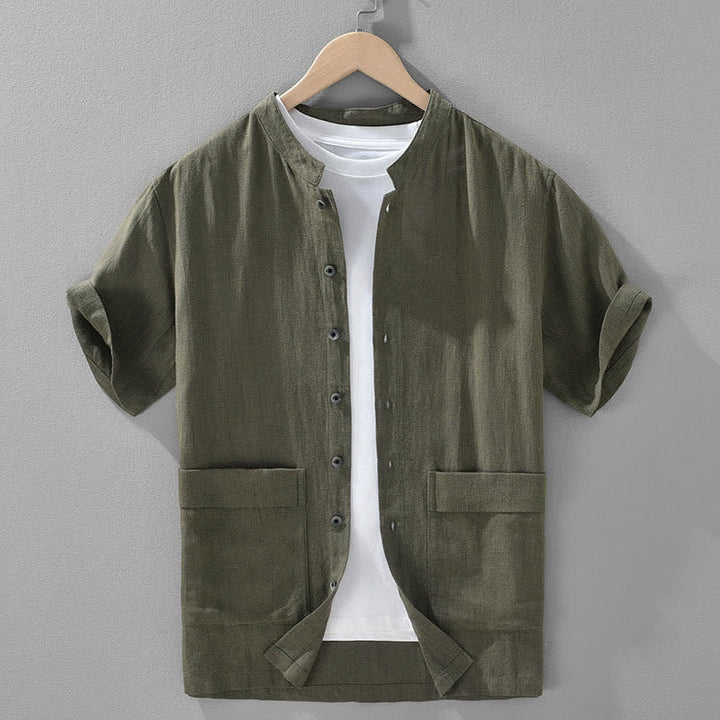 Buddha Stones 夏物カジュアル マンダリンカラー ボタンアップ 無地 メンズ 半袖シャツ ポケット付き - ダークオリーブグリーン - US/UK/AU42、 EU52 (3XL) - image 0