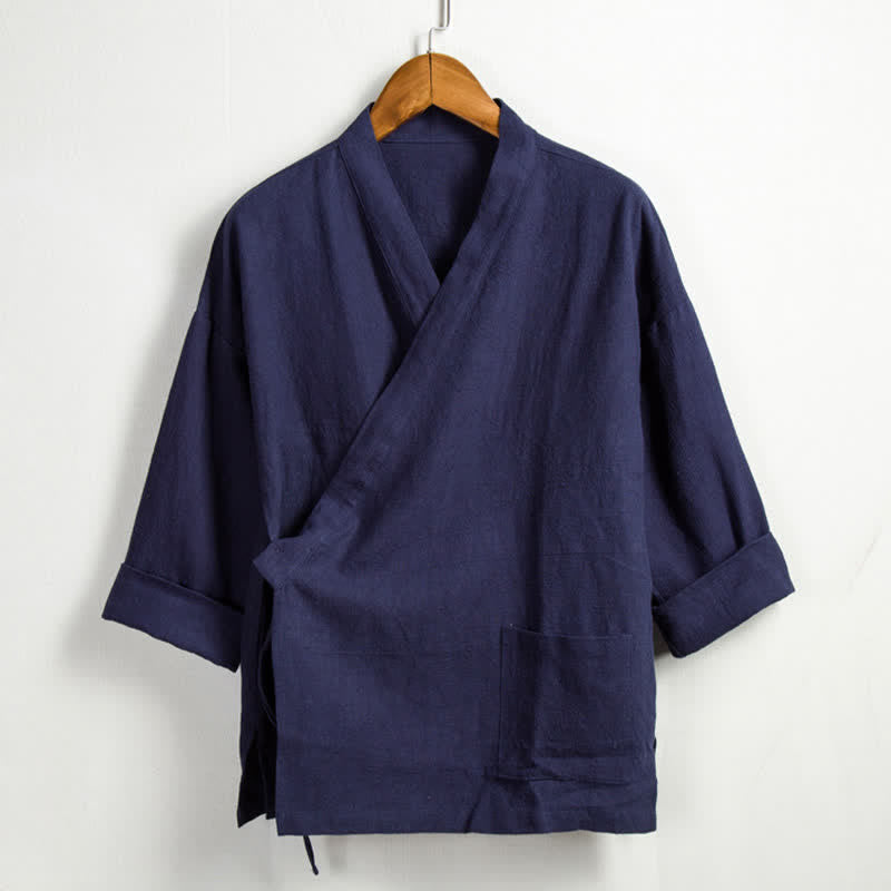 Buddha Stones 春のカジュアルな唐紐スタイルの無地ラミーメンズ着物（ポケット付き） - 海軍 - US/UK/AU44、 EU54 (4XL) - image 12