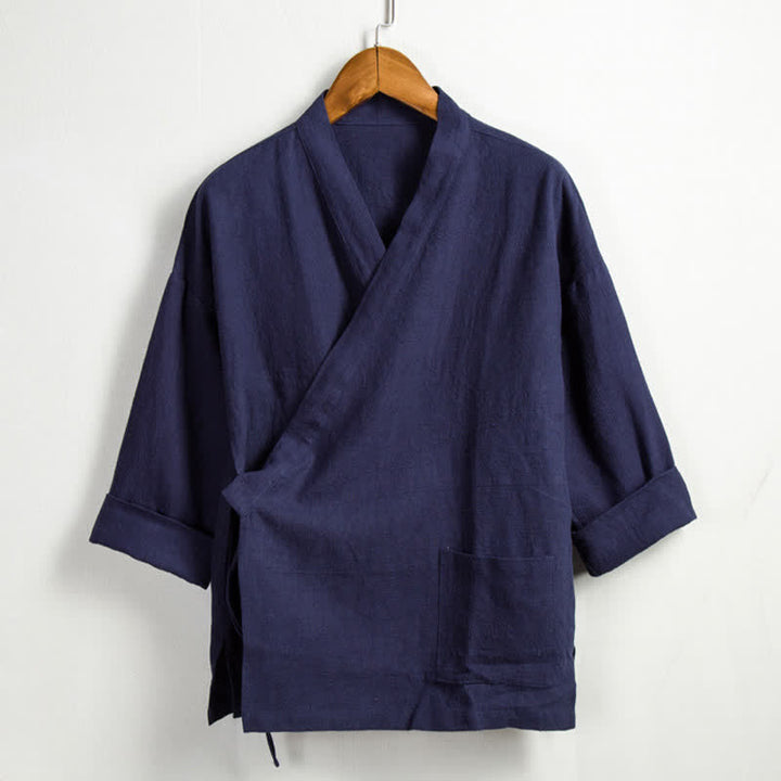 Buddha Stones 春のカジュアルな唐紐スタイルの無地ラミーメンズ着物（ポケット付き） - 海軍 - US/UK/AU44、 EU54 (4XL) - image 12