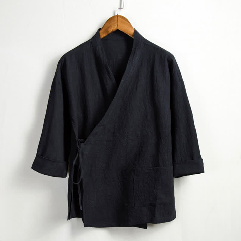 Buddha Stones 春のカジュアルな唐紐スタイルの無地ラミーメンズ着物（ポケット付き） - 黒 - US/UK/AU44、 EU54 (4XL) - image 10