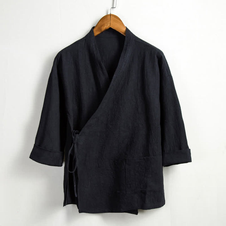 Buddha Stones 春のカジュアルな唐紐スタイルの無地ラミーメンズ着物（ポケット付き） - 黒 - US/UK/AU44、 EU54 (4XL) - image 10