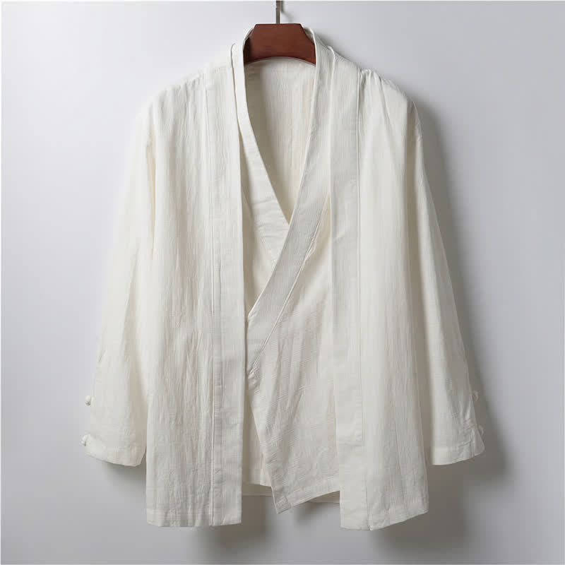 Buddha Stones 春のカジュアルミニマリスト無地ラペルラミーメンズ着物 - 白 - US/UK/AU44、 EU54 (4XL) - image 12