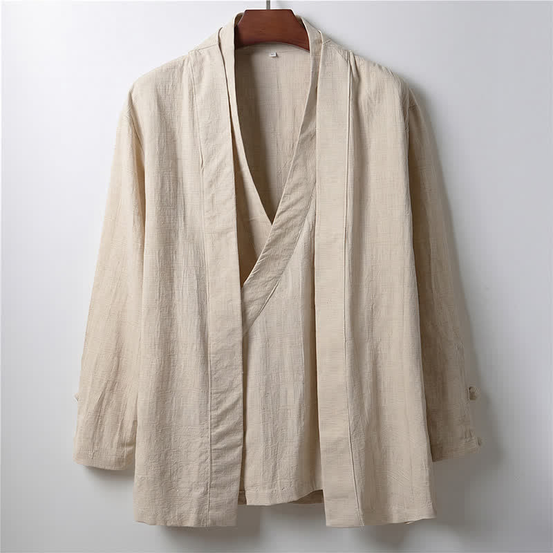 Buddha Stones 春のカジュアルミニマリスト無地ラペルラミーメンズ着物 - リネン - US/UK/AU44、 EU54 (4XL) - image 0