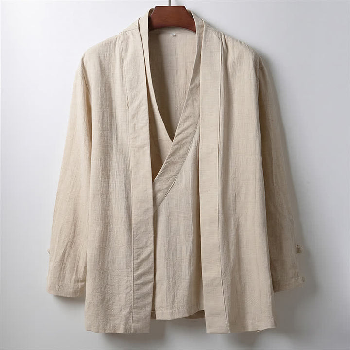 Buddha Stones 春のカジュアルミニマリスト無地ラペルラミーメンズ着物 - リネン - US/UK/AU44、 EU54 (4XL) - image 0