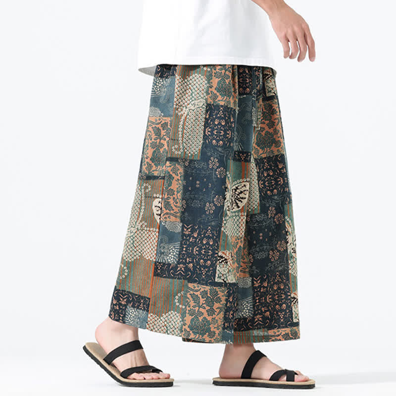 Buddha Stones 春夏ボヘミアンカジュアルドローストリング花柄パッチワーククロップドパンツメンズワイドレッグパンツポケット付き - image 3