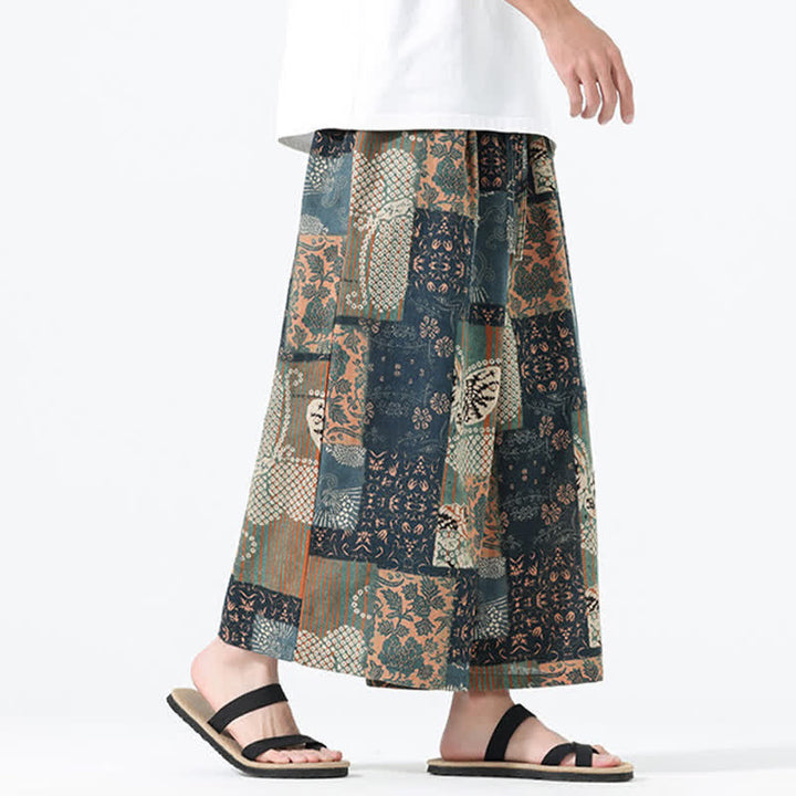 Buddha Stones 春夏ボヘミアンカジュアルドローストリング花柄パッチワーククロップドパンツメンズワイドレッグパンツポケット付き - image 3