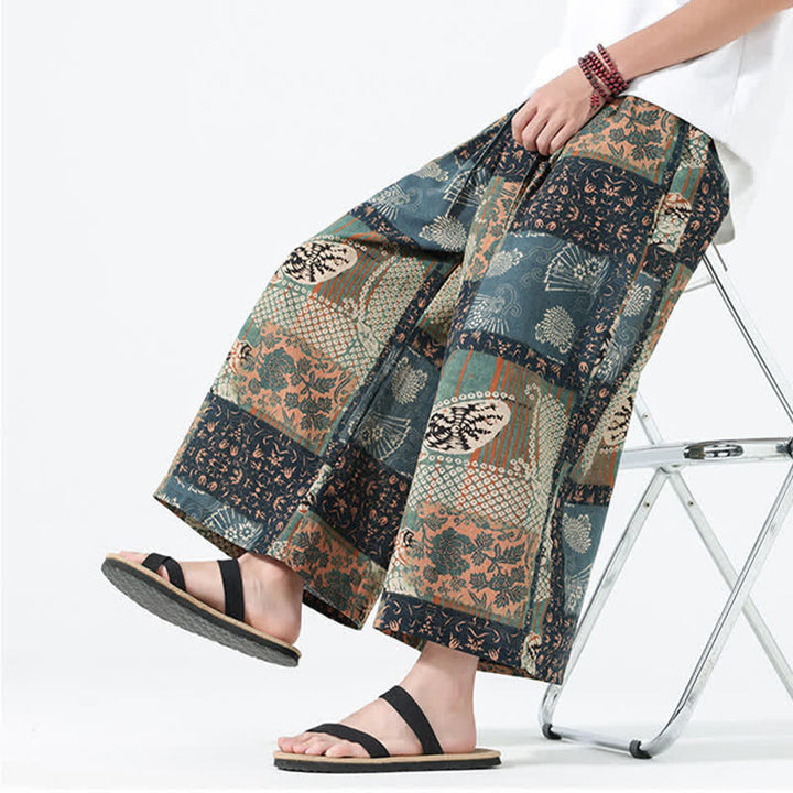 Buddha Stones 春夏ボヘミアンカジュアルドローストリング花柄パッチワーククロップドパンツメンズワイドレッグパンツポケット付き - image 9