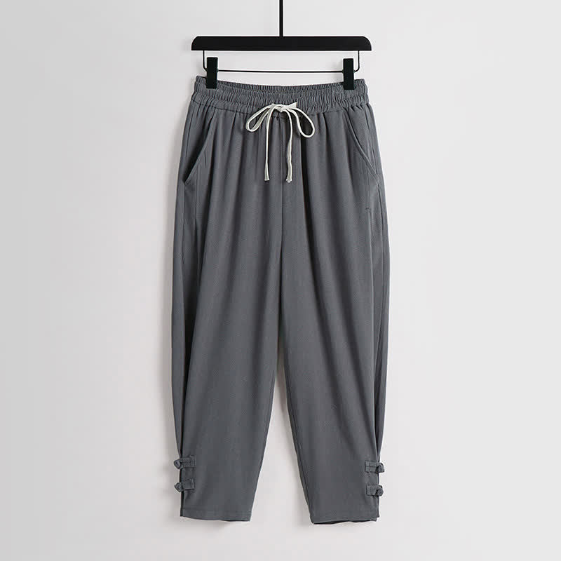 Buddha Stones 夏用唐風瞑想カエルボタン無地リネンVネックノースリーブシャツパンツメンズ瞑想服（ポケット付き）2点セット - image 5