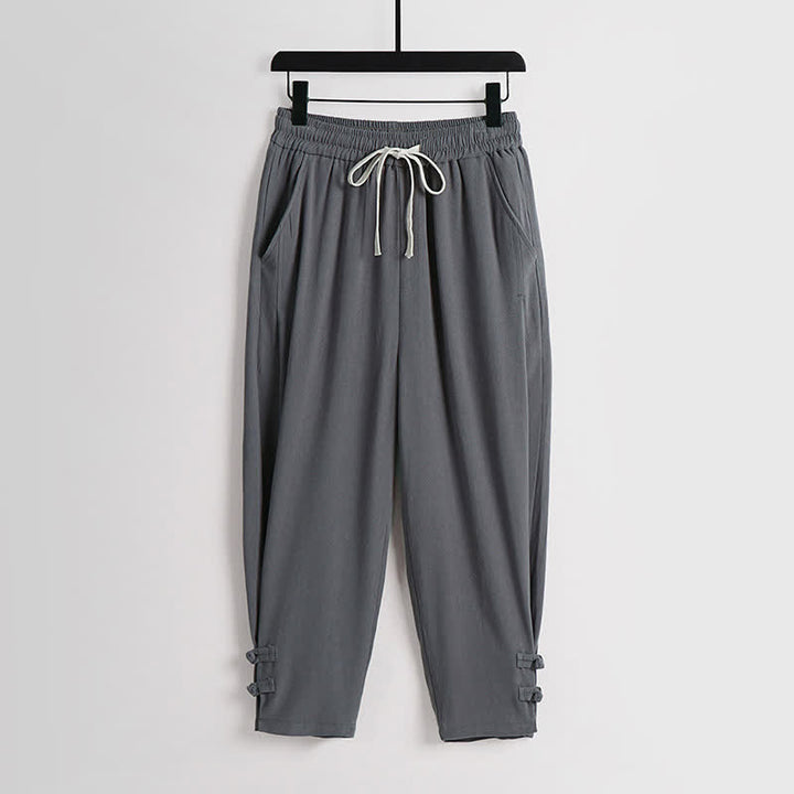 Buddha Stones 夏用唐風瞑想カエルボタン無地リネンVネックノースリーブシャツパンツメンズ瞑想服（ポケット付き）2点セット - image 5