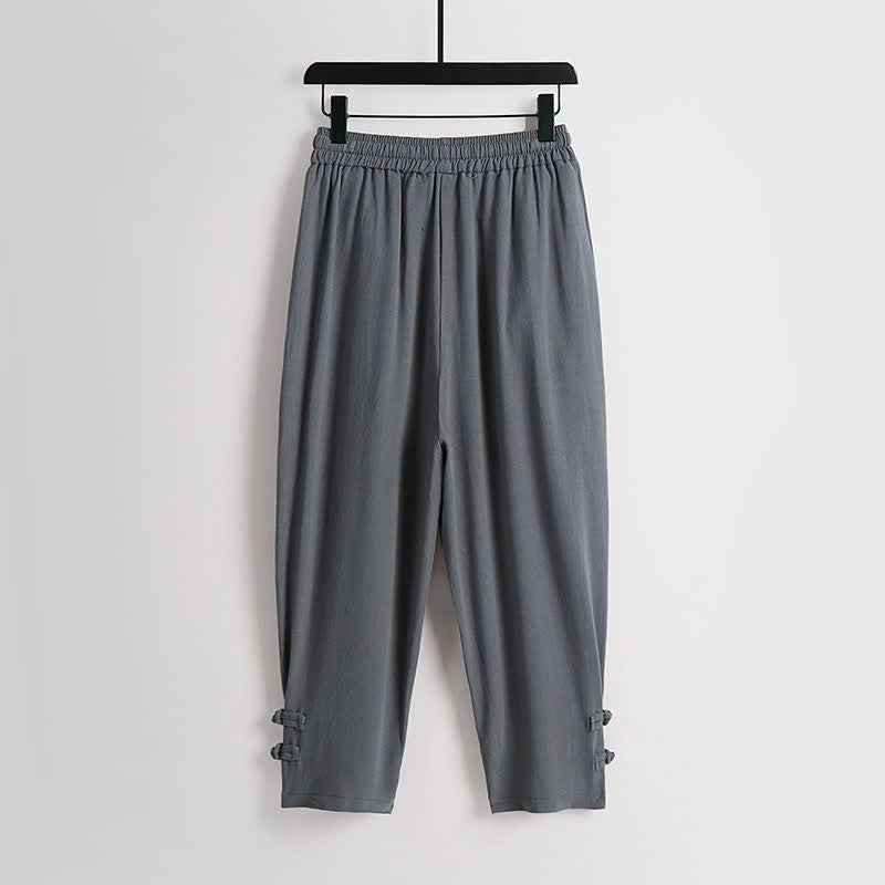 Buddha Stones 夏用唐風瞑想カエルボタン無地リネンVネックノースリーブシャツパンツメンズ瞑想服（ポケット付き）2点セット - image 6