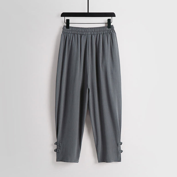 Buddha Stones 夏用唐風瞑想カエルボタン無地リネンVネックノースリーブシャツパンツメンズ瞑想服（ポケット付き）2点セット - image 6