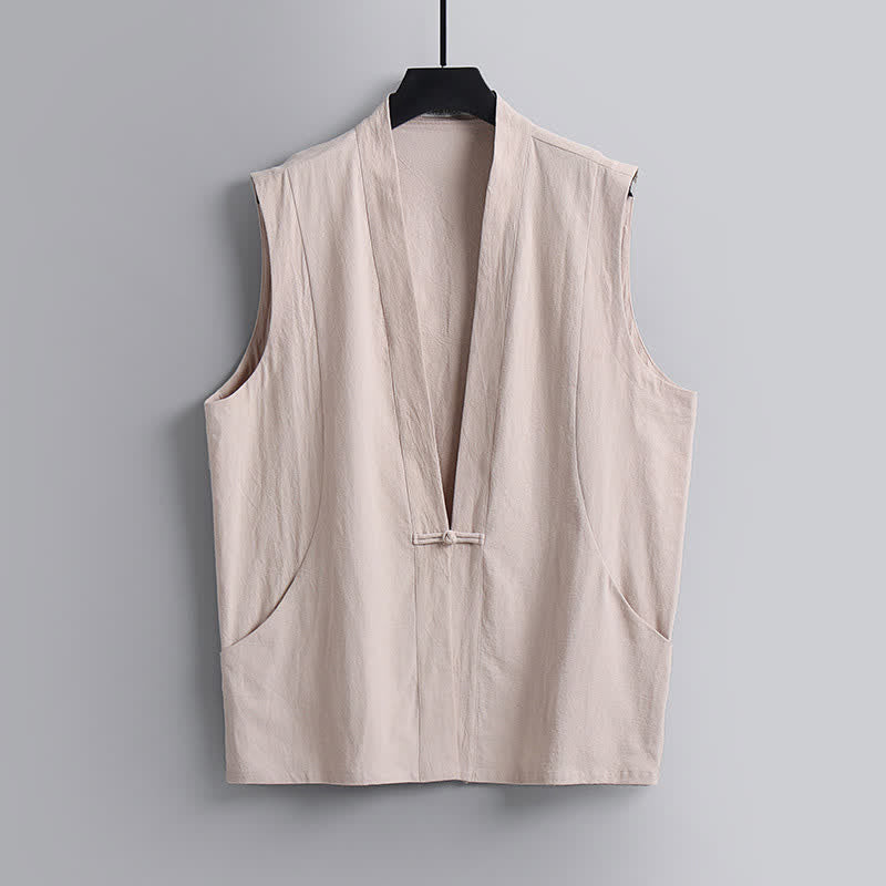 Buddha Stones 夏用唐風瞑想カエルボタン無地リネンVネックノースリーブシャツパンツメンズ瞑想服（ポケット付き）2点セット - image 19