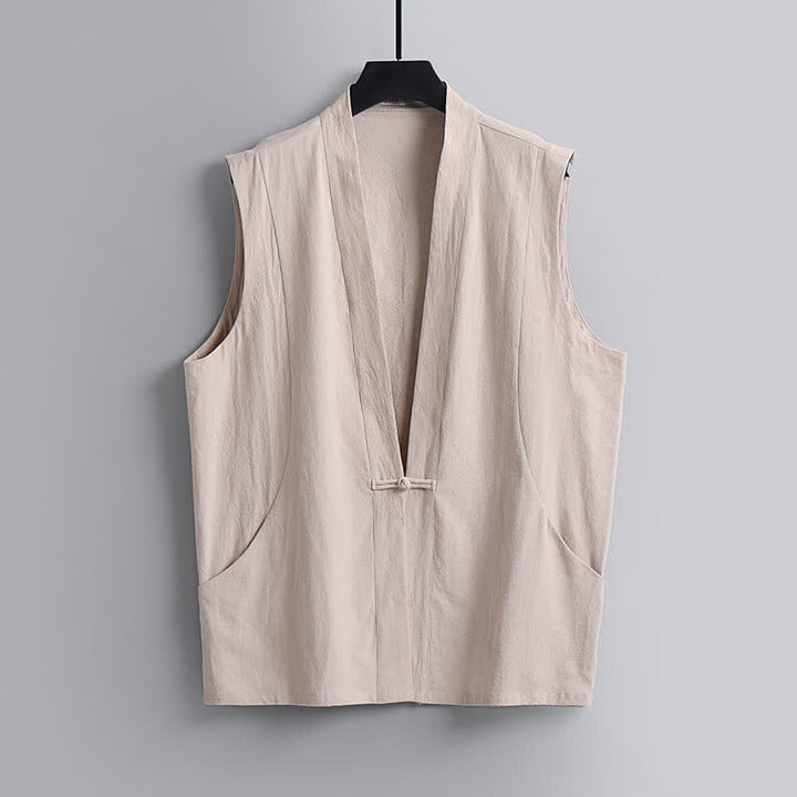 Buddha Stones 夏用唐風瞑想カエルボタン無地リネンVネックノースリーブシャツパンツメンズ瞑想服（ポケット付き）2点セット - image 19