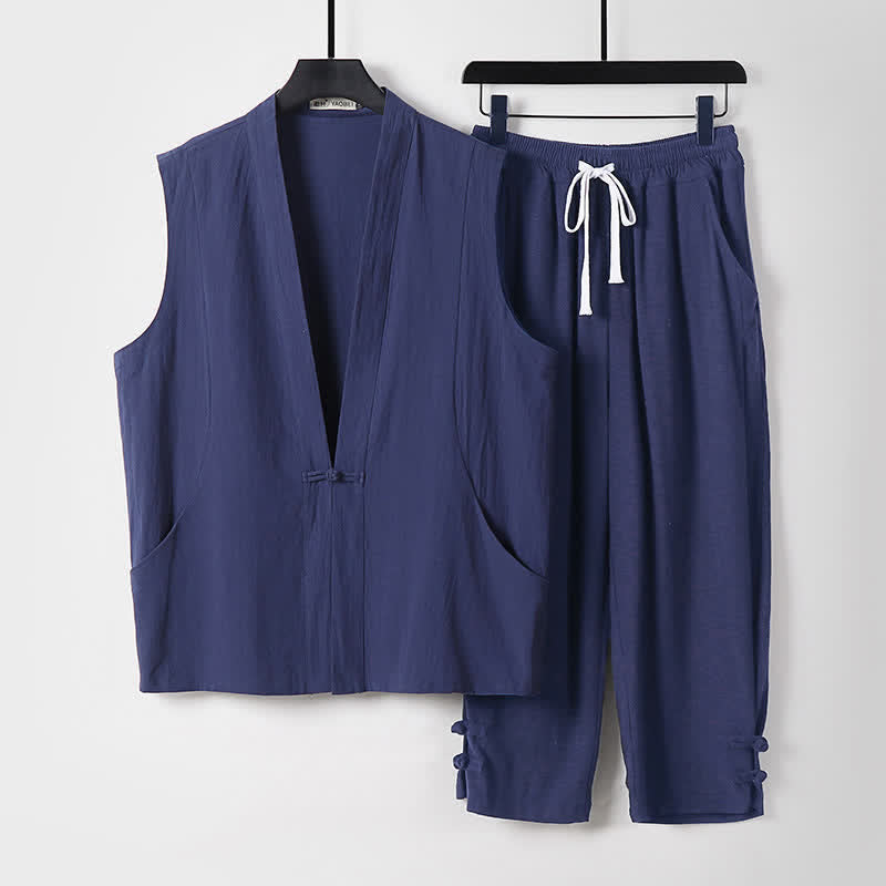 Buddha Stones 夏用唐風瞑想カエルボタン無地リネンVネックノースリーブシャツパンツメンズ瞑想服（ポケット付き）2点セット - ミッドナイトブルー - US/UK/AU54、 EU64 (9XL) - image 0