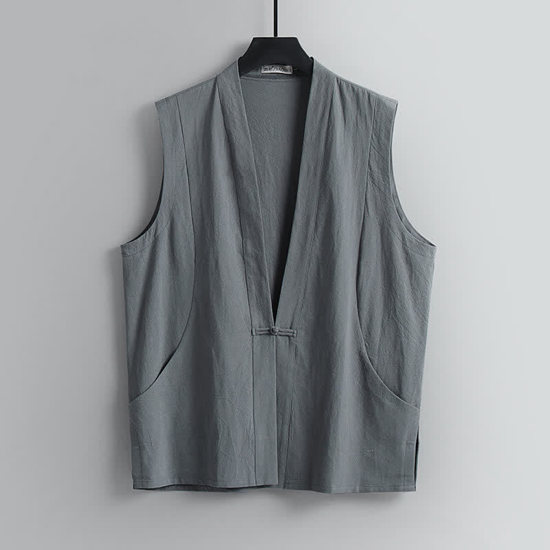Buddha Stones 夏用唐風瞑想カエルボタン無地リネンVネックノースリーブシャツパンツメンズ瞑想服（ポケット付き）2点セット - image 3
